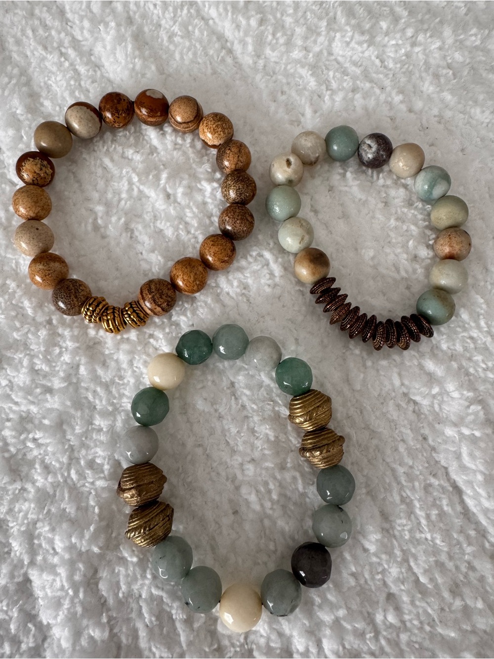 Natural Stone & Metal Bead Stretch Bracelet - Green, Brown, Cream